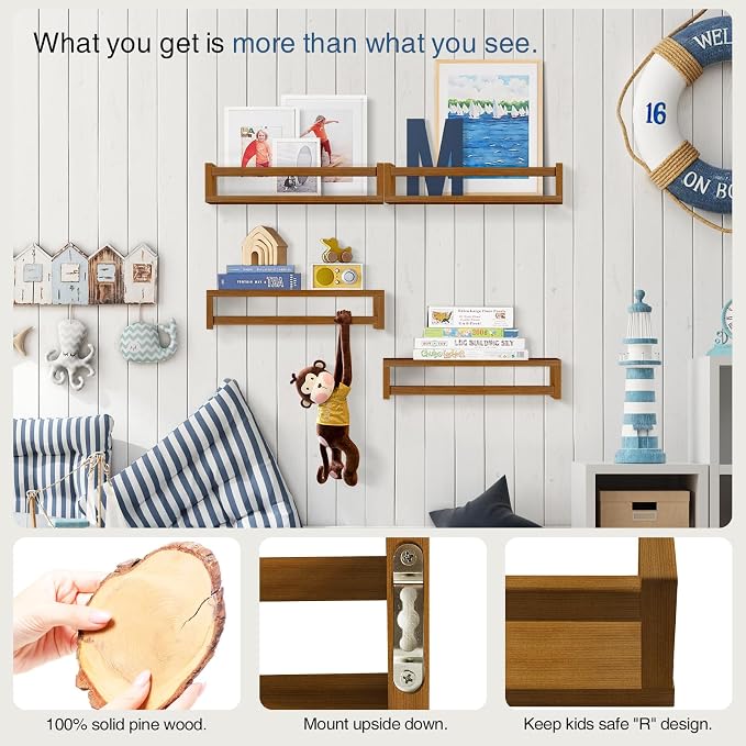 Forbena Dark Wood Nursery Kids Bookshelf Wall Mounted, Wooden Floating Nursery - Image 7