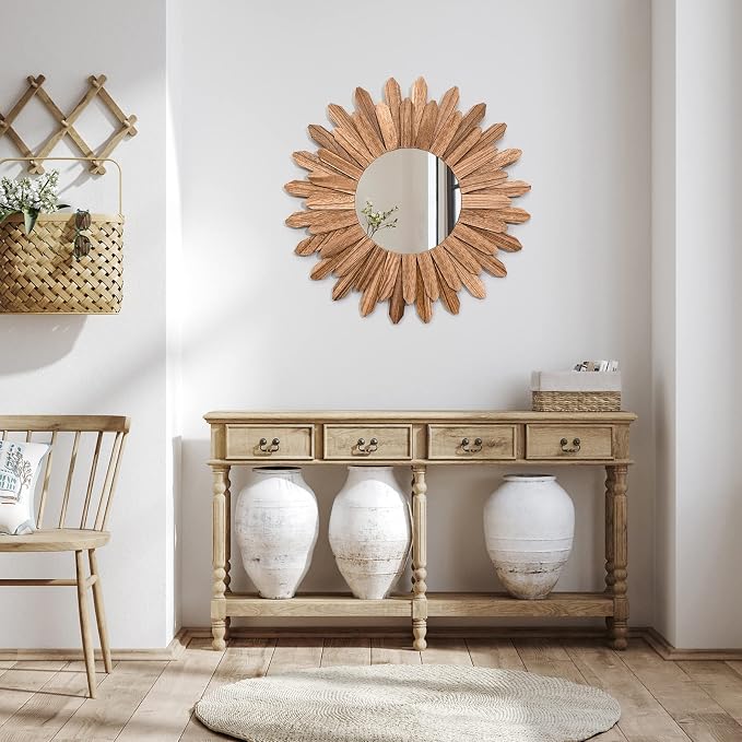 Emfogo Wall Mirror 21 inch Rustic Wood Sunburst Boho Mirror Wall Decor Home - Image 6