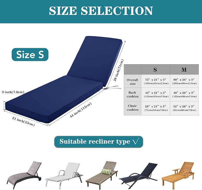Chaise Lounge Cushion for Outdoor Furniture, Waterproof Fade and Tear Resistant - Image 5