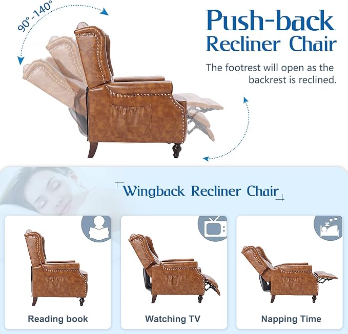 Wingback Recliner Chair with Heat and Massage, PU Leather Push Back Recliner - Image 4