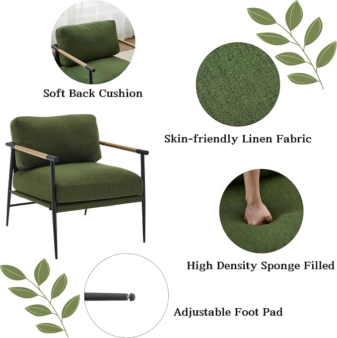 Ya-Home Mid-Century Accent Chair Set of 2, Soft Armchair Linen Fabric Lounge - Image 4