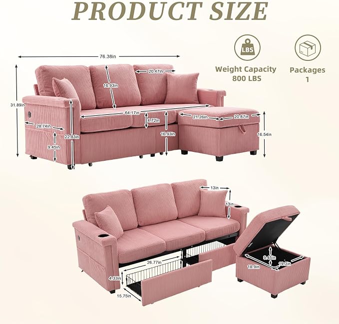 L-Shaped Sectional Sofa with Storage & Movable Ottoman, Corduroy 3 Seater - Image 2