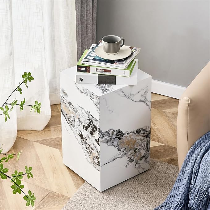 End Table, Side Table Living Room Table, Faux Marble Sofa Couch White Bedside by BAOPIN