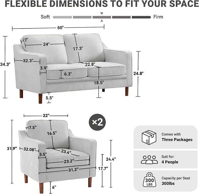 Kingfun Living Room Furniture Sets, 2 Armchair and Loveseat, Mid Century Modern - Image 2
