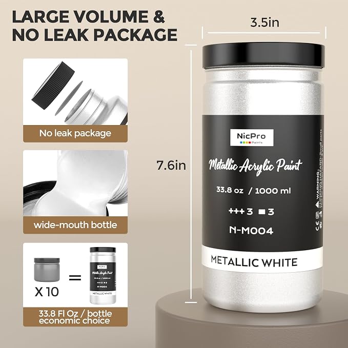 Nicpro Metallic Pearl White Acrylic Paint 33.8oz/1000ml, Non Toxic Pearlescent - Image 7