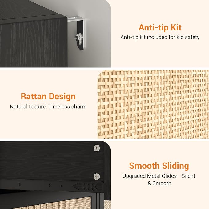 Rattan 6 Drawer Dresser with LED Lights & Power Outlet, Wide Rattan Dresser TV - Image 8