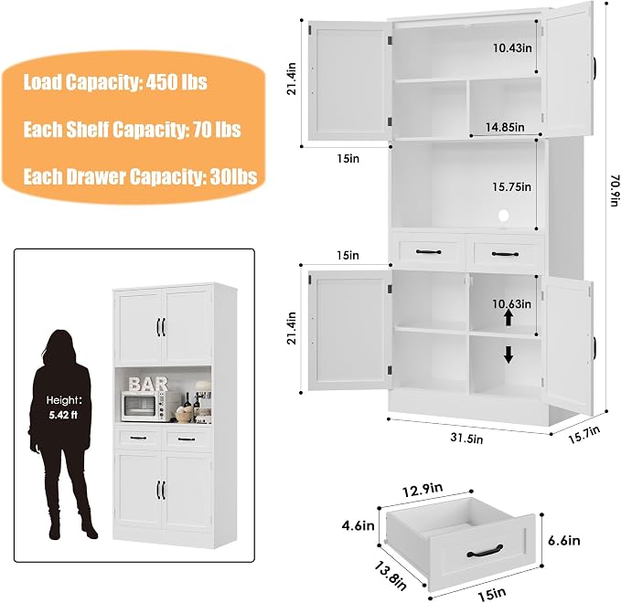 HOSTACK 71“ Tall Kitchen Pantry Storage Cabinet, Modern Kitchen Hutch Bar - Image 3