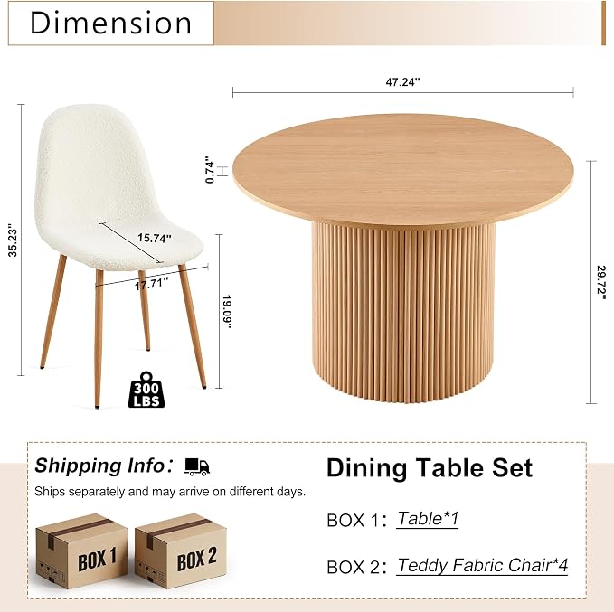 Dining Table Set for 4, Mid Century Modern 47 Inch Wooden Round Dining Table Set - Image 2
