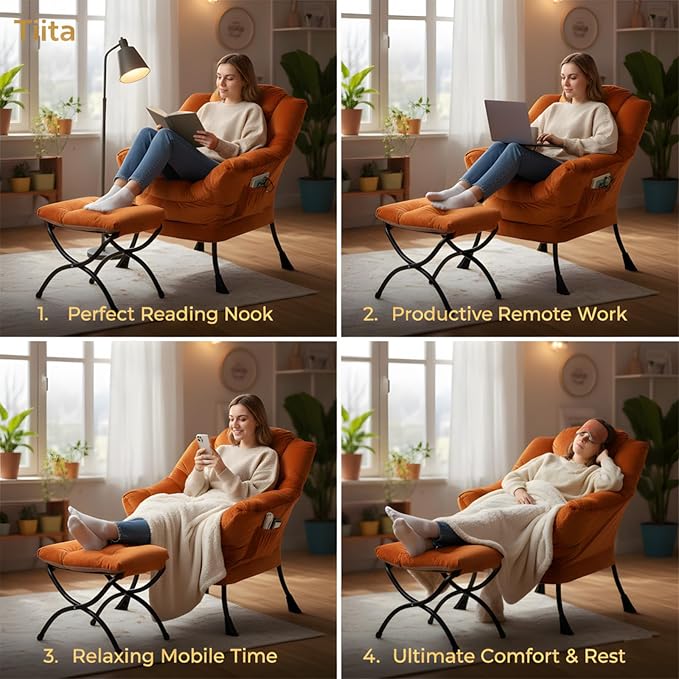 Tiita Lazy Chair with Ottoman, Comfy Leisure Sofa Reading Chair with Footrest - Image 7