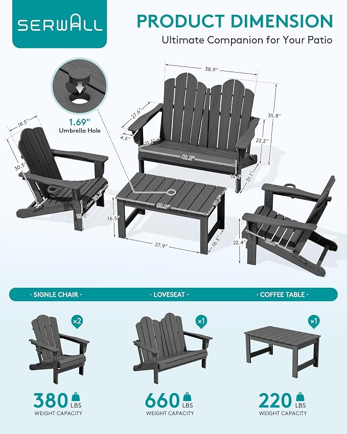 SERWALL 5 Pieces HDPE Patio Adirondack Chair Set, 2 Adirondack Chair - Image 2