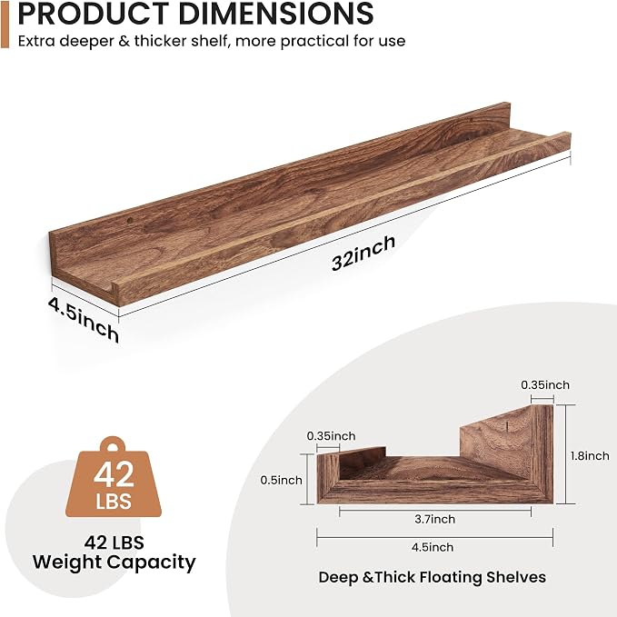 Fun Memories Picture Ledge Shelves Set of 2, 32 Inch Rustic Wall Mounted - Image 3