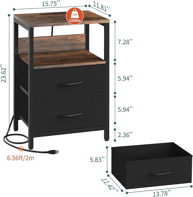 Yoobure Nightstand with Charging Station, Small Night Stand with Fabric Drawers - Image 3
