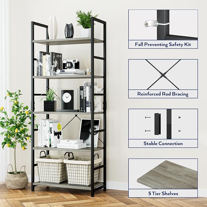 NUMENN 5 Tier Bookshelf, Tall Bookcase Shelf Storage Organizer, Modern Book - Image 5