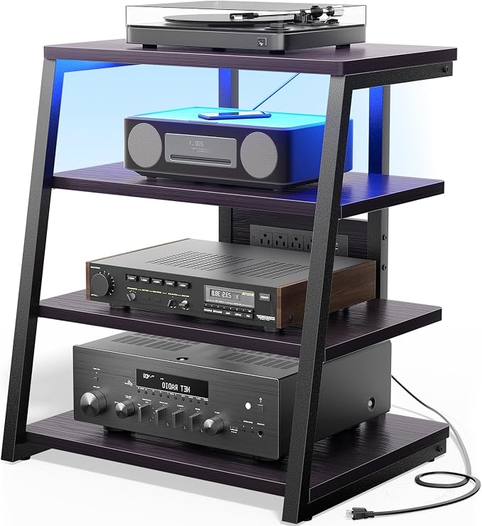 AV Media Stand with Outlets, Stereo Stands and Racks with Vinyl Storage by Besiost
