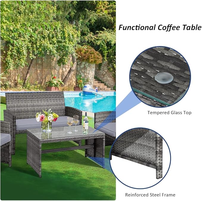 Tangkula 4 Pieces Patio Wicker Conversation Furniture Set, Patiojoy Sofa & - Image 6