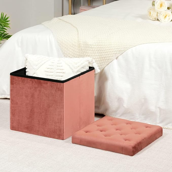 B FSOBEIIALEO Storage Ottoman Cube, Velvet Tufted Folding Ottomans - Image 2