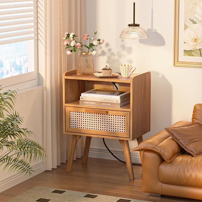 Lerliuo Rattan Nightstand with Charging Station, Side Table with Drawer - Image 8