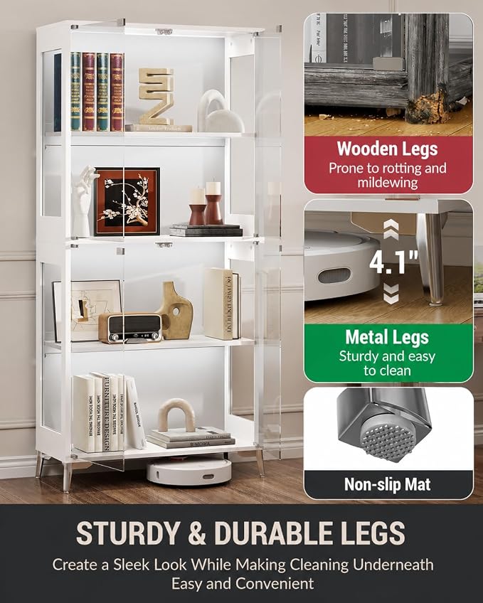 Display Cabinet with Glass Doors, 4-Tier Curio Cabinet, Adjustable Shelves - Image 7