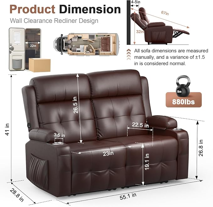 Reclining Loveseat, 55.1" RV PU Leather Wall Hugger Recliner Love Seats Sofa - Image 2