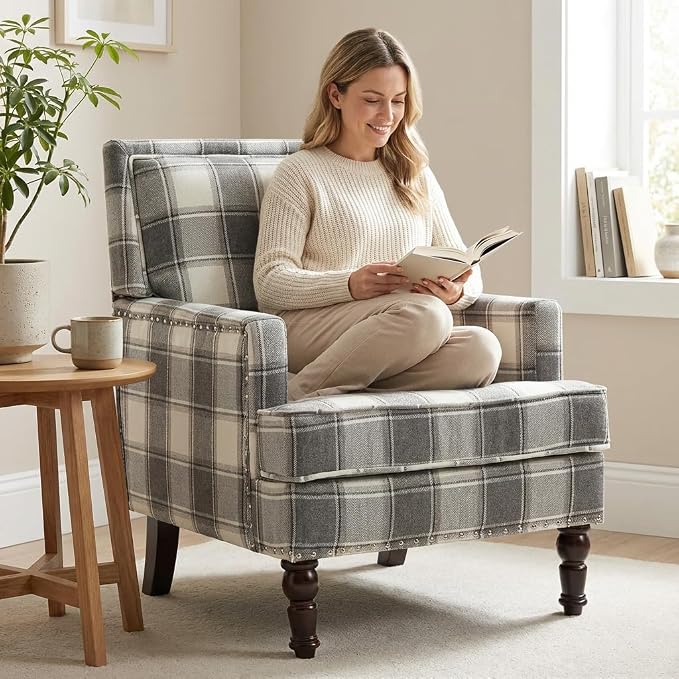 Plaid Accent Chair, Mid-Century Modern Armchair, Upholstered Decorative Reading - Image 7