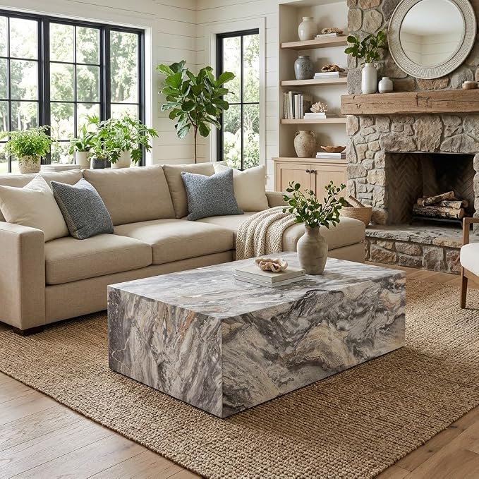 Coffee Table, Modern Faux Marble Living Room Table in Grey - Image 3