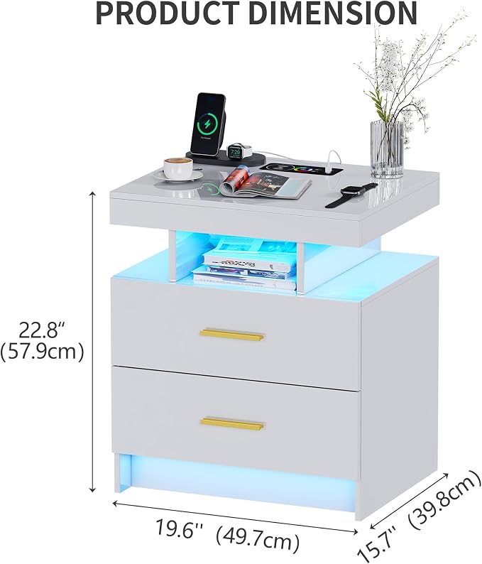 Smart Night Stand with Charging Station, Modern White Nightstand with 24 Color - Image 2