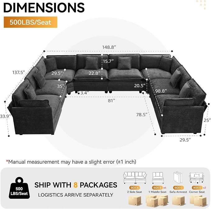 147'' Oversized U Shaped Cloud Sectional Sofa, Chenille Deep Seat Couches - Image 2