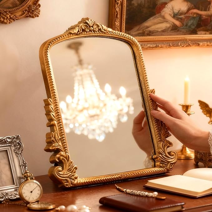 YUSONG Vintage Desk Mirror – 12" Gold Antique Tabletop Mirror by YUSONG
