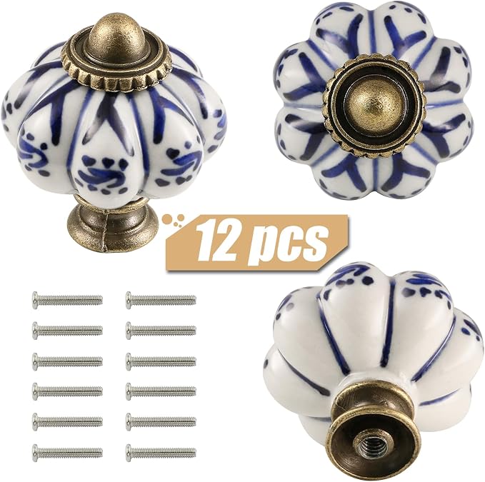 Ivory & Deep Blue Pumpkin Knobs 12 Pack Ceramic Cabinet Knobs Vintage Drawer - Image 2