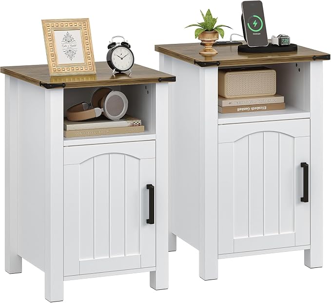Farmhouse Nightstand with Charging Station, Rustic Bedside Table with Large by Decofy