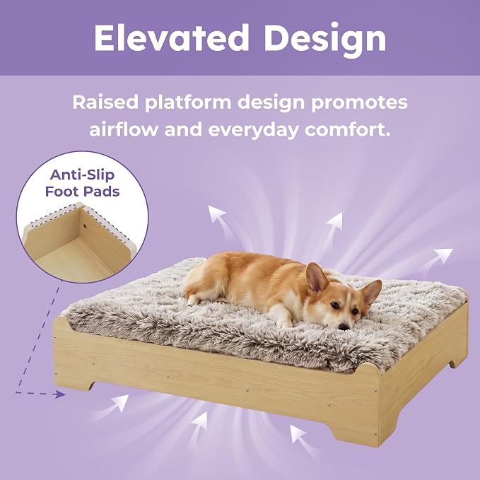 Elevated Wooden Dog Bed with Supportive Cushion & Washable Cover, Sturdy - Image 2
