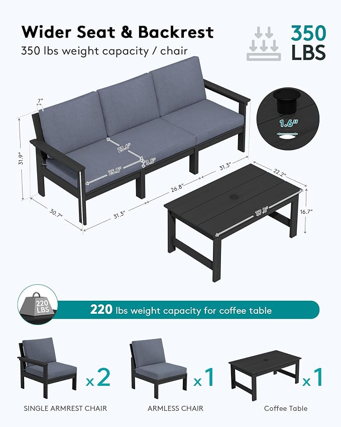 SERWALL HDPE Patio Sofa Set, 4-piece Sectional Outdoor Furniture Set, All - Image 2