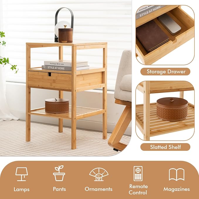 Giantex Bamboo Nightstand, Wood Side Table - Image 6