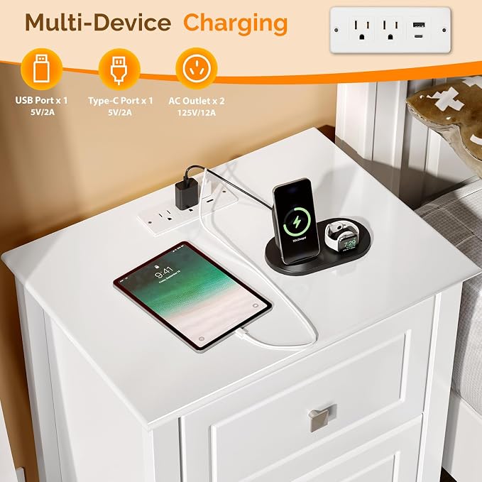 Bonnlo White Nightstand with Charging Station Night Stand White Wood Nightstand - Image 4