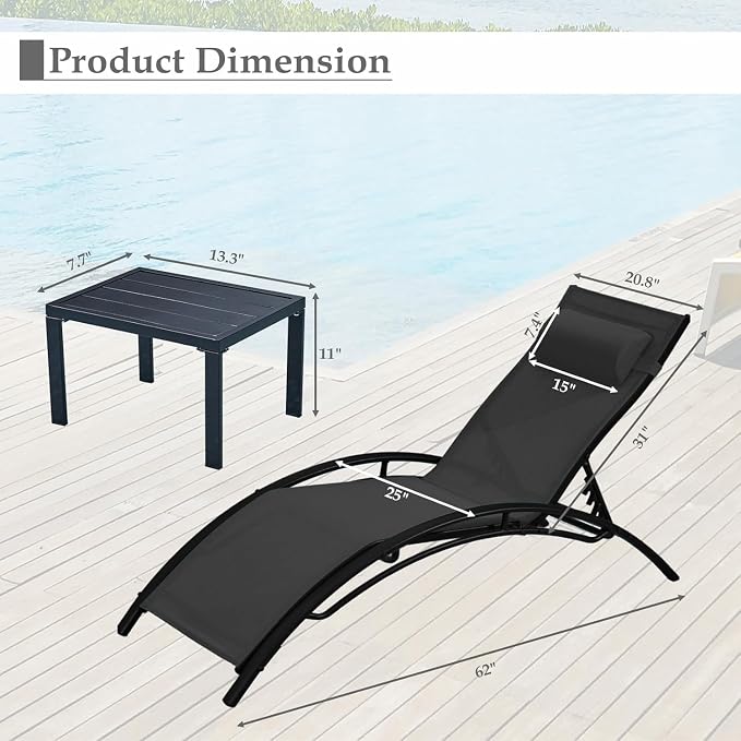 EROMMY Outdoor Chaise Lounge Set of 3, Reclining Patio Chairs - Image 2