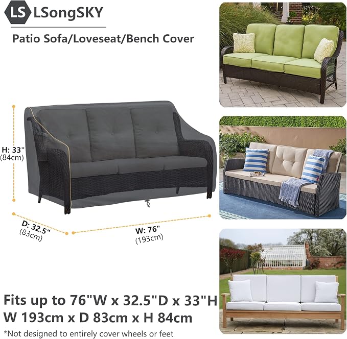Patio 3-Seater Sofa Cover, Outdoor Couch Cover Fits up to 76W x 32.5D x 33H - Image 3