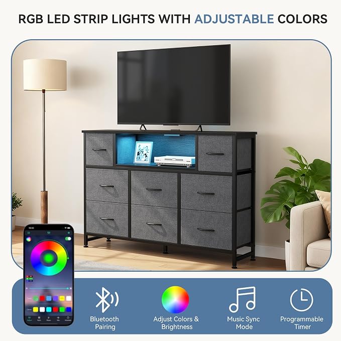 DUMOS TV Stand Dresser with 8 Fabric Drawers and Open Shelves, LED - Image 4