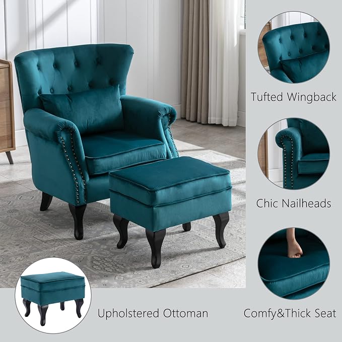 Mid Century Modern Accent Chair Upholstered Armchair Comfy Velvet Tufted - Image 3