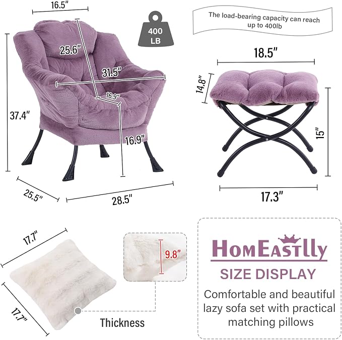Lazy Chair with Ottoman, Large Purple Accent Chair with Ottoman and FA Throw - Image 2