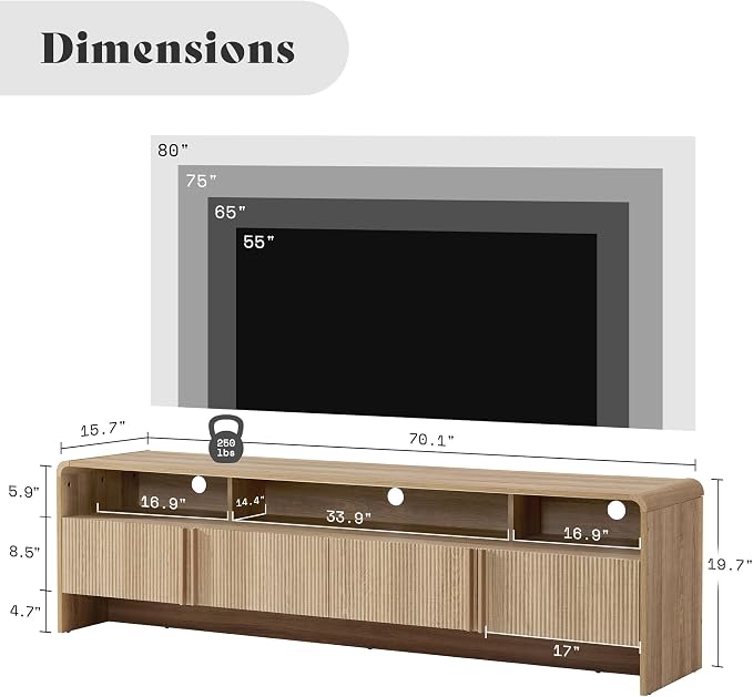 AMERLIFE Modern TV Stand for TVs up to 80", 70 inch Fluted TV Console - Image 2