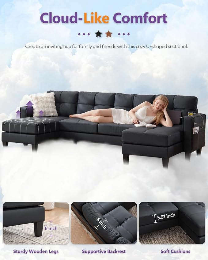 TYBOATLE 116’’ W Black Faux Leather Sectional Couch w/USB and Cup Holders - Image 9