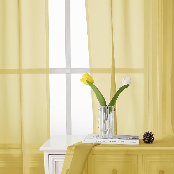 Lecloud Yellow Sheer Curtains 63 Inch Length 2 Panels, Light Filtering Voile - Image 7