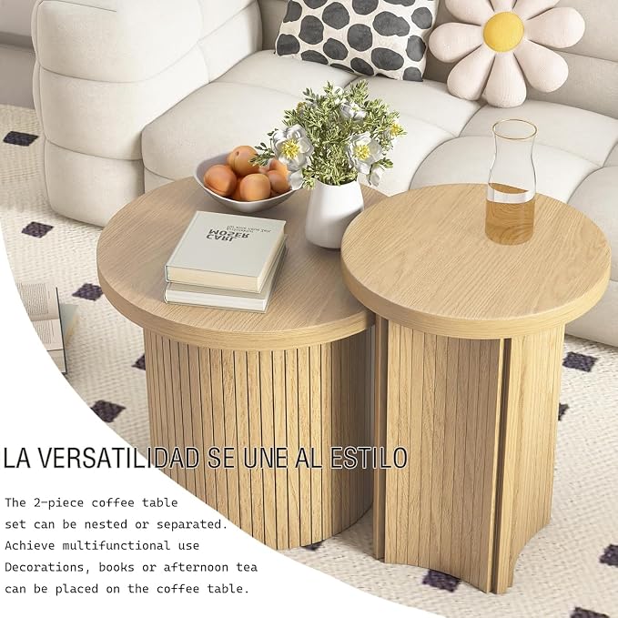 Set of 2 Nesting Coffee Tables Farmhouse, Round Coffee Tables Living Room - Image 4