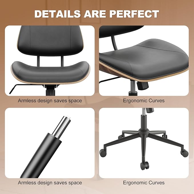 Armless Office Chair with Wheels, PU Leather Adjustable Height Desk Chair - Image 4