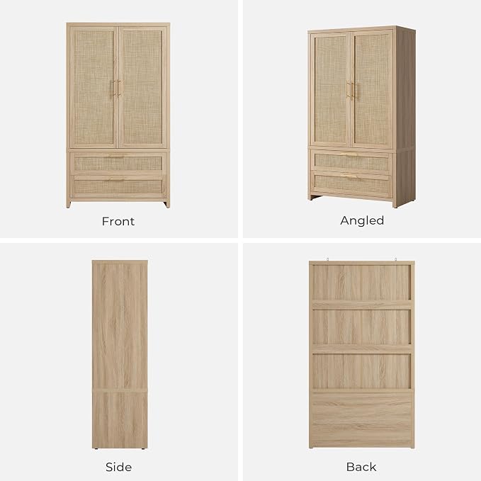SICOTAS Rattan Armoire Wardrobe Closet Cabinet, and Hanging Rod, Boho - Image 9