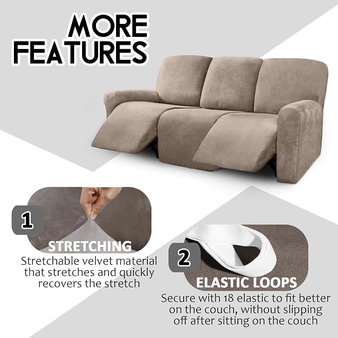 ULTICOR Velvet 8-Pieces Recliner Sofa Covers Stretch Reclining Couch Covers - Image 4