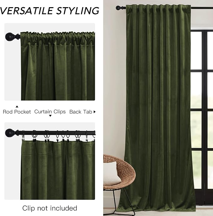 RYB HOME Olive Green Velvet Curtains - Image 2
