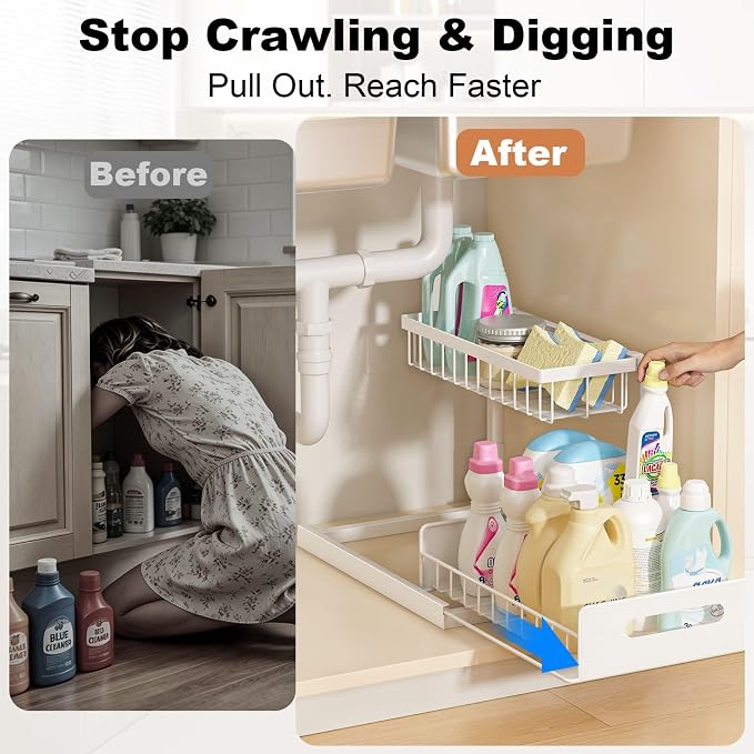 REALINN Under Sink Organizer, Pull Out Cabinet Organizer, 2 Tier Metal Slide - Image 4