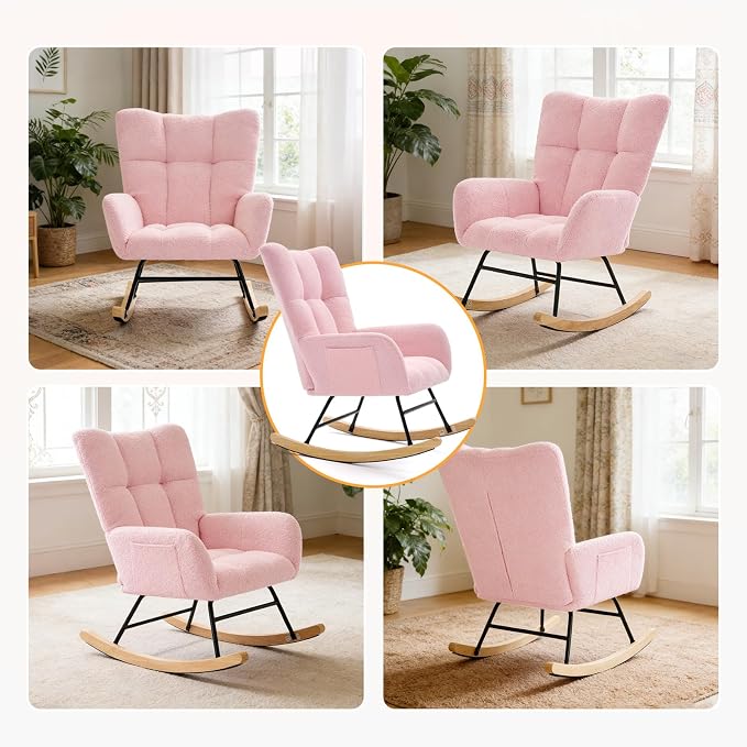 DUMOS Nursery Rocking Chair Teddy Upholstered, Comfy Glider Rocker - Image 7