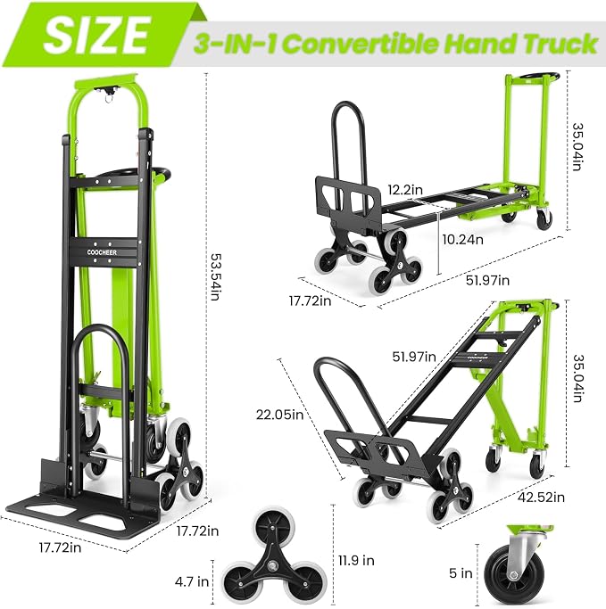 4-in-1 Hand Truck Dolly Heavy Duty Industrial Convertible, 1000 LBS Stair - Image 4